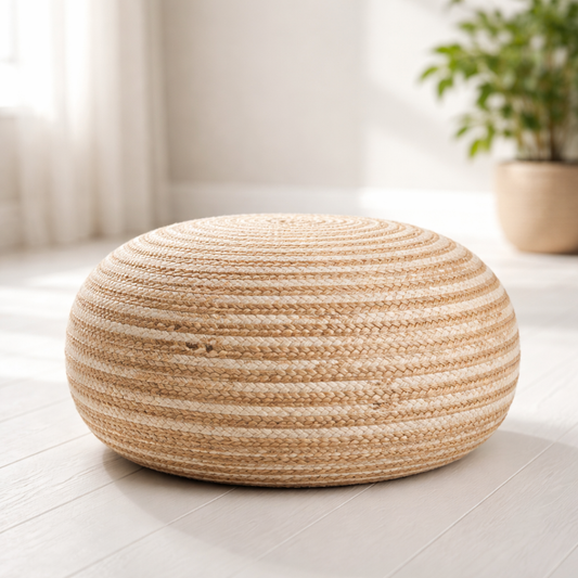 Puff aus Jute – Natur & Weiß, rund Kleinmöbel Kbas