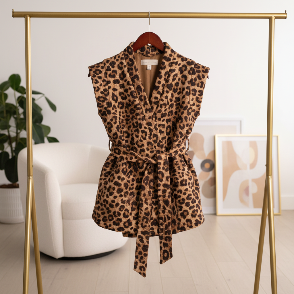 Ärmellose Steppweste mit Taillengürtel im Leopardenmuster Weste Das Zierwerk