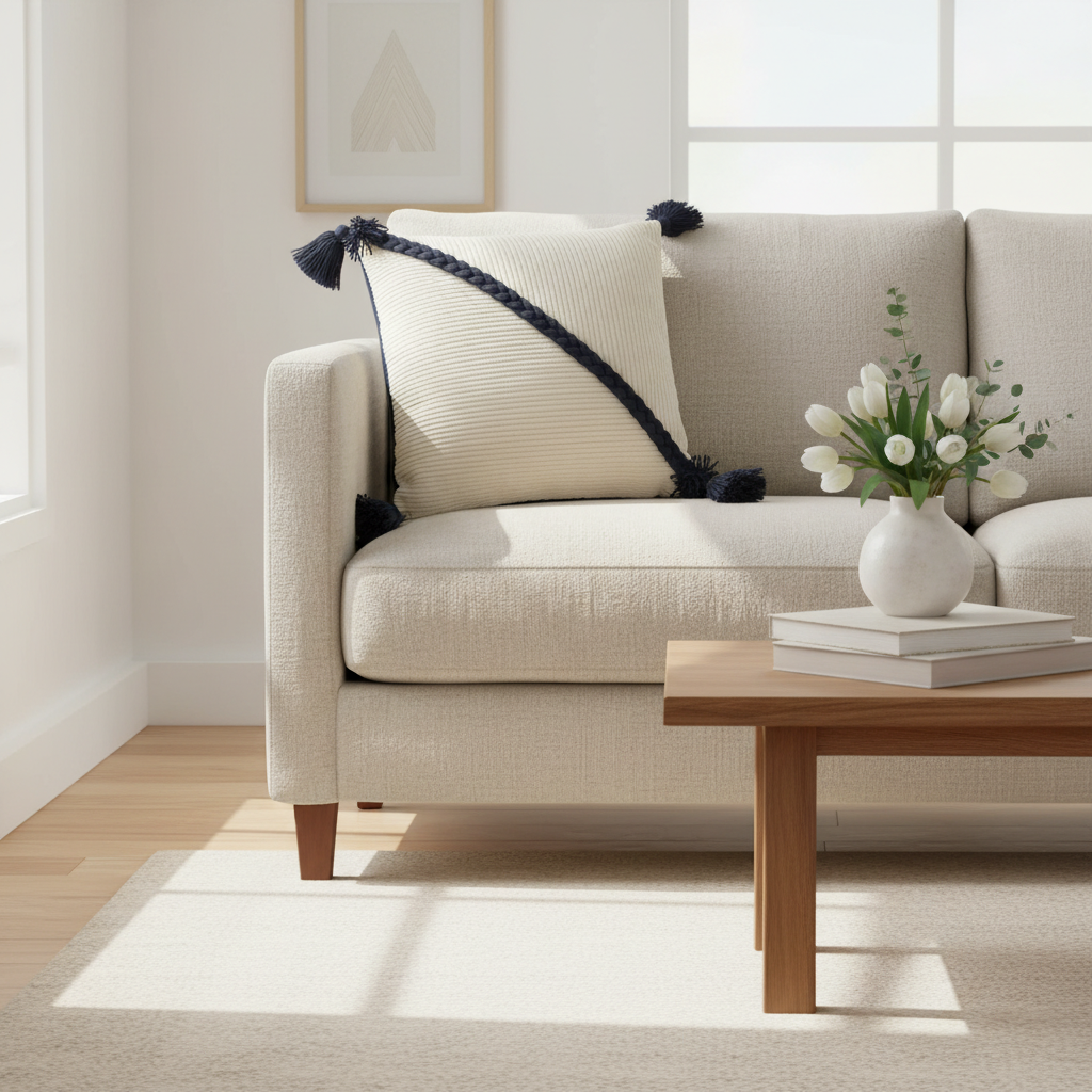 Dekokissenbezug Blau/Beige – 50x50 cm mit Quasten Kissen Das Zierwerk