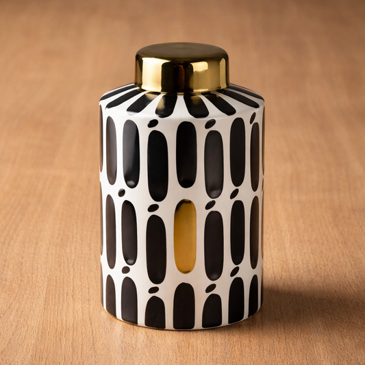 Design-Vase „Graphic Chic“ – Schwarz-Weiß mit Golddeckel Vase Das Zierwerk