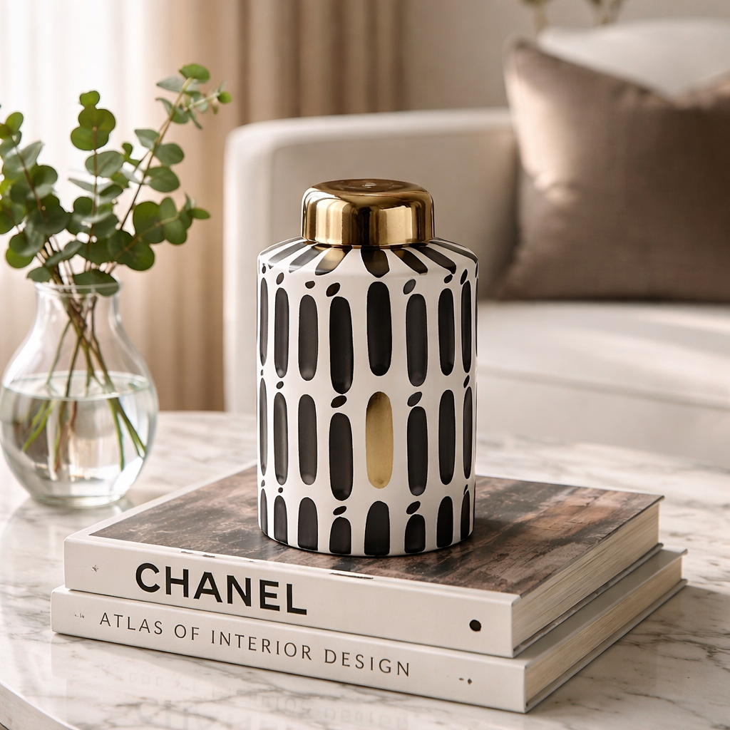 Design-Vase „Graphic Chic“ – Schwarz-Weiß mit Golddeckel Vase Das Zierwerk