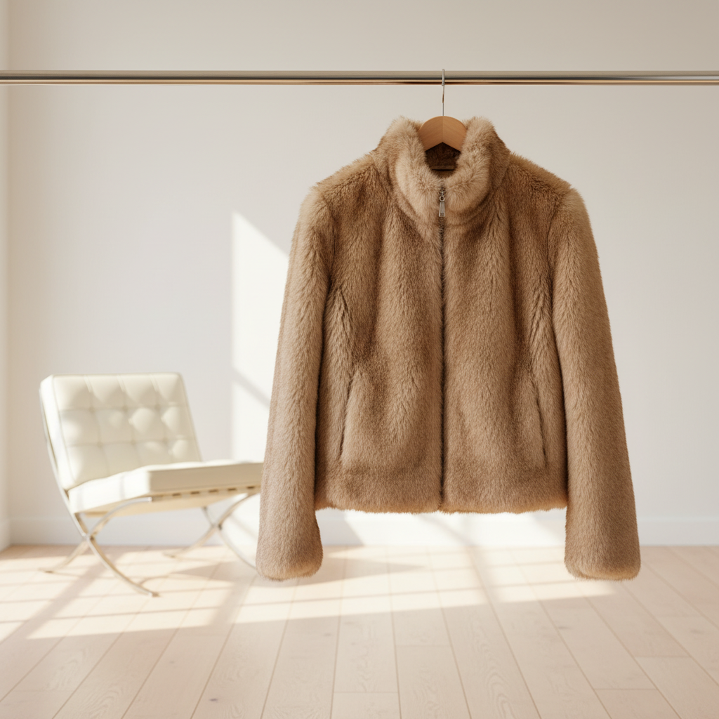 Kunstpelzjacke mit hohem Kragen – Taupe Jacke Cecile Wang