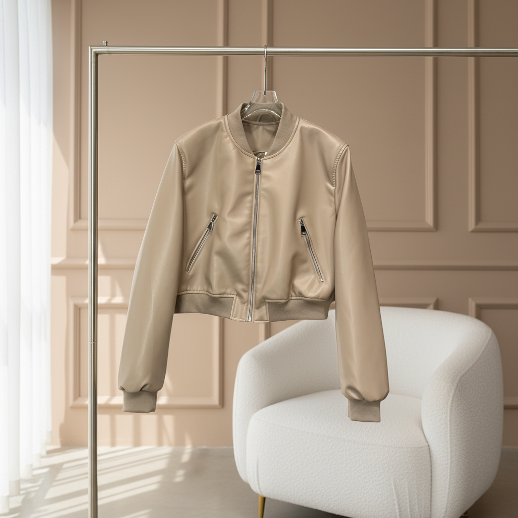 Taupefarbene Kunstleder-Bomberjacke im Cropped-Stil mit Zipper-Details für Damen Jacke Das Zierwerk