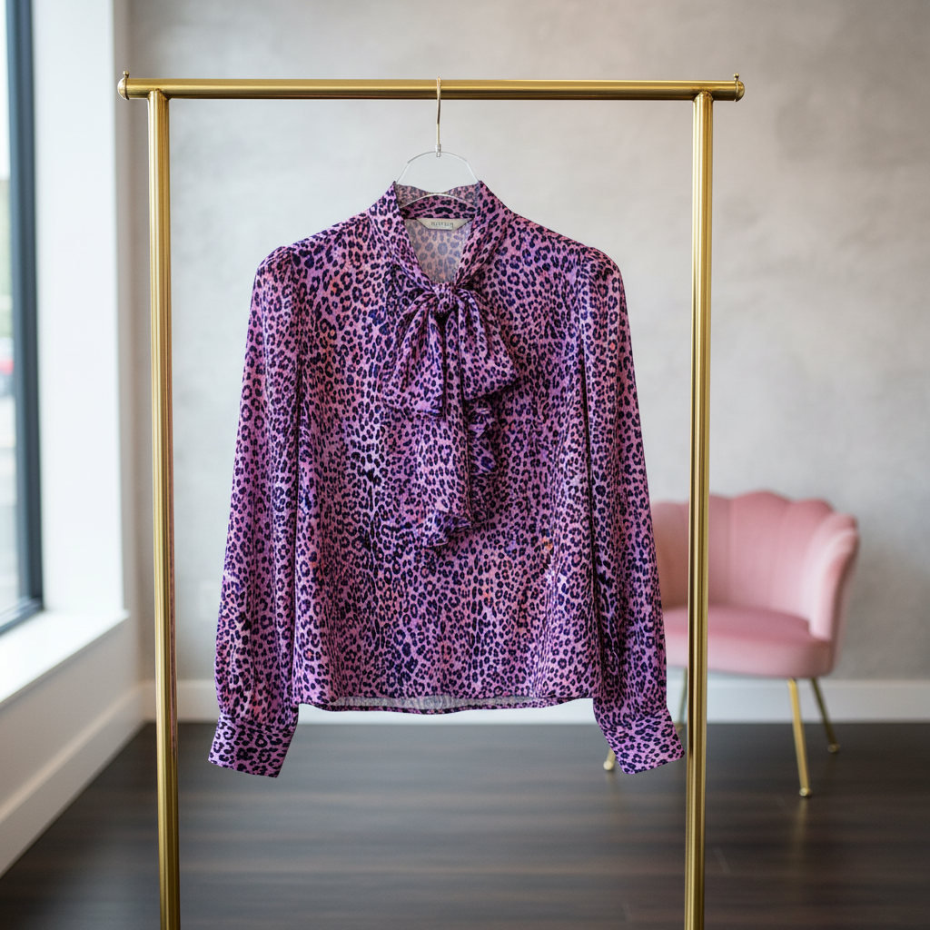 Animal-Print-Bluse in Lila – mit Bindeschleife & Knopfleiste Bluse Q2