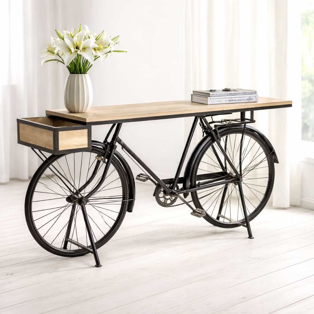 Fahrrad-Theke aus schwarzem Metall & Mangoholz – Industrial Design mit Charme Kleinmöbel Das Zierwerk