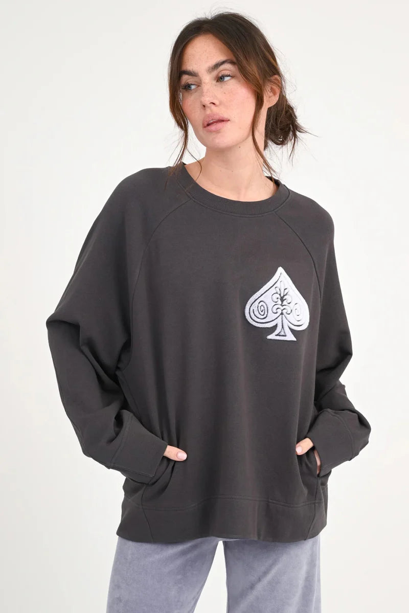 Flockprint Sweatshirt mit Pik-Zeichen – Love Joy Victory (Größe M / L)